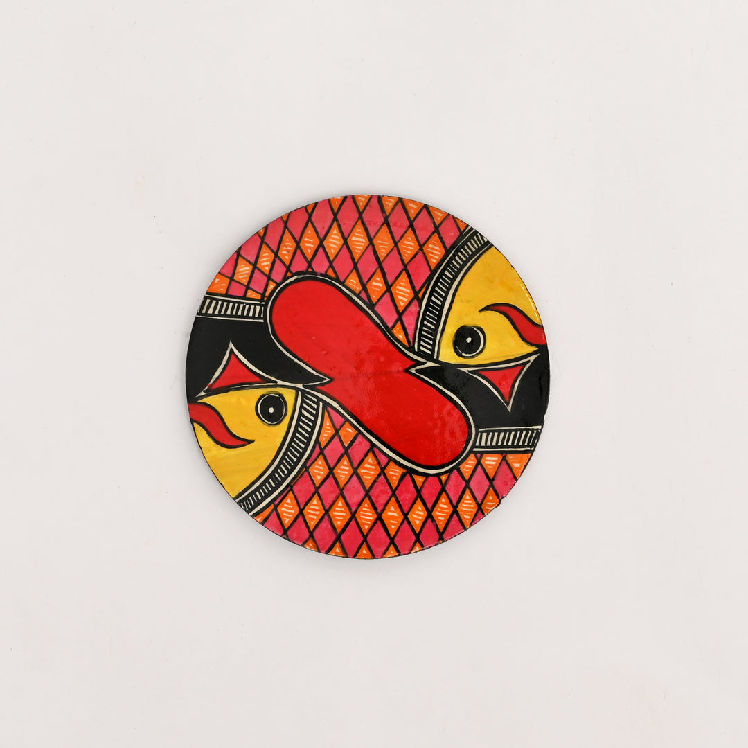 Madhubani Fish Coaster Set – 6 Hand-Painted MDF Coasters with Holder