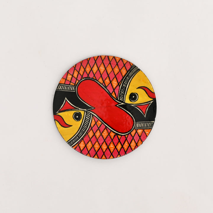 Madhubani Fish Coaster Set – 6 Hand-Painted MDF Coasters with Holder