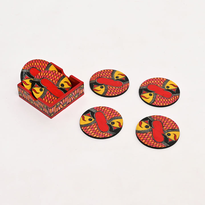 Madhubani Fish Coaster Set – 6 Hand-Painted MDF Coasters with Holder