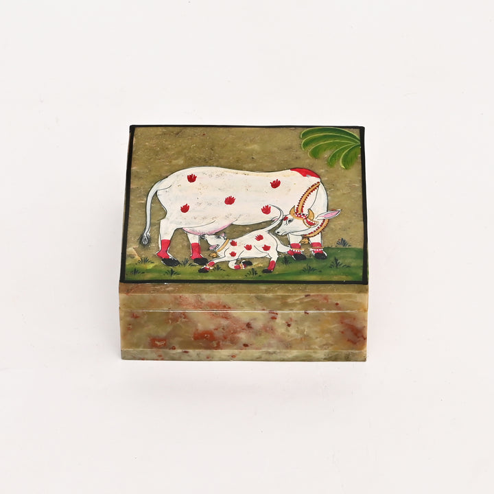 Soapstone Carved Cow & Calf Box (Small)
