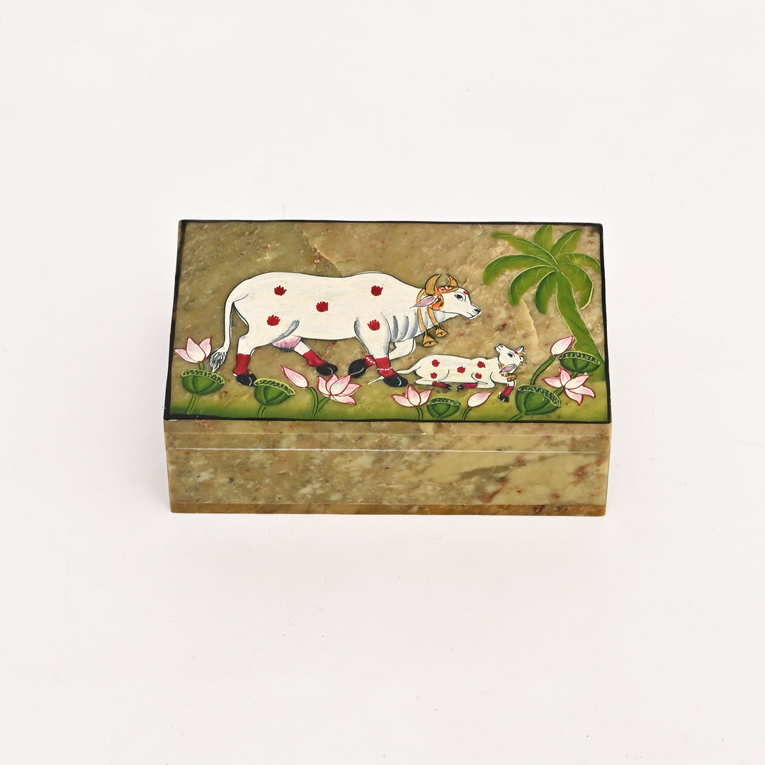 Soapstone Carved Cow & Calf Box (Large)