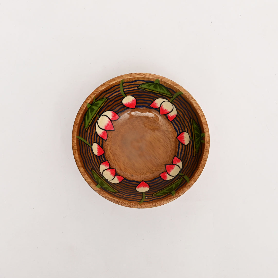 Hand-Painted Lotus Motif Wooden Bowl Small