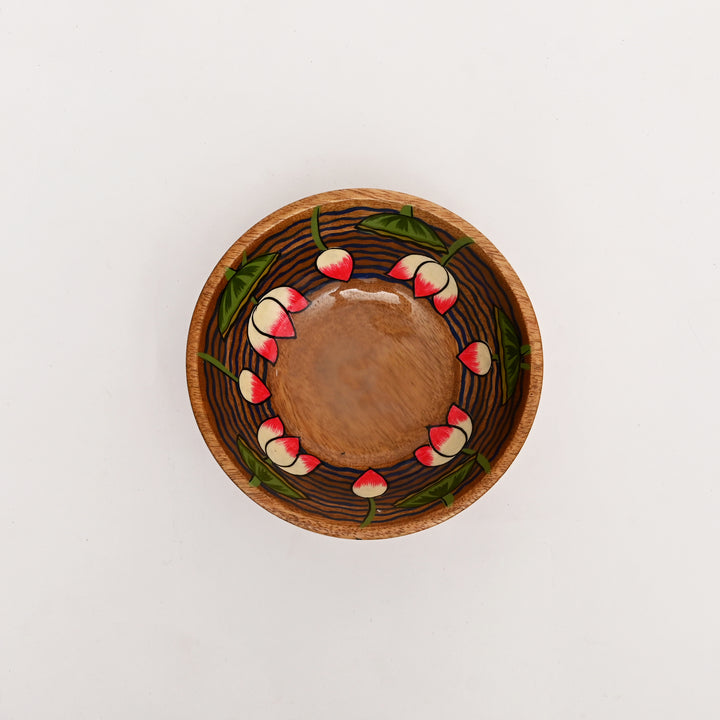 Hand-Painted Lotus Motif Wooden Bowl Small