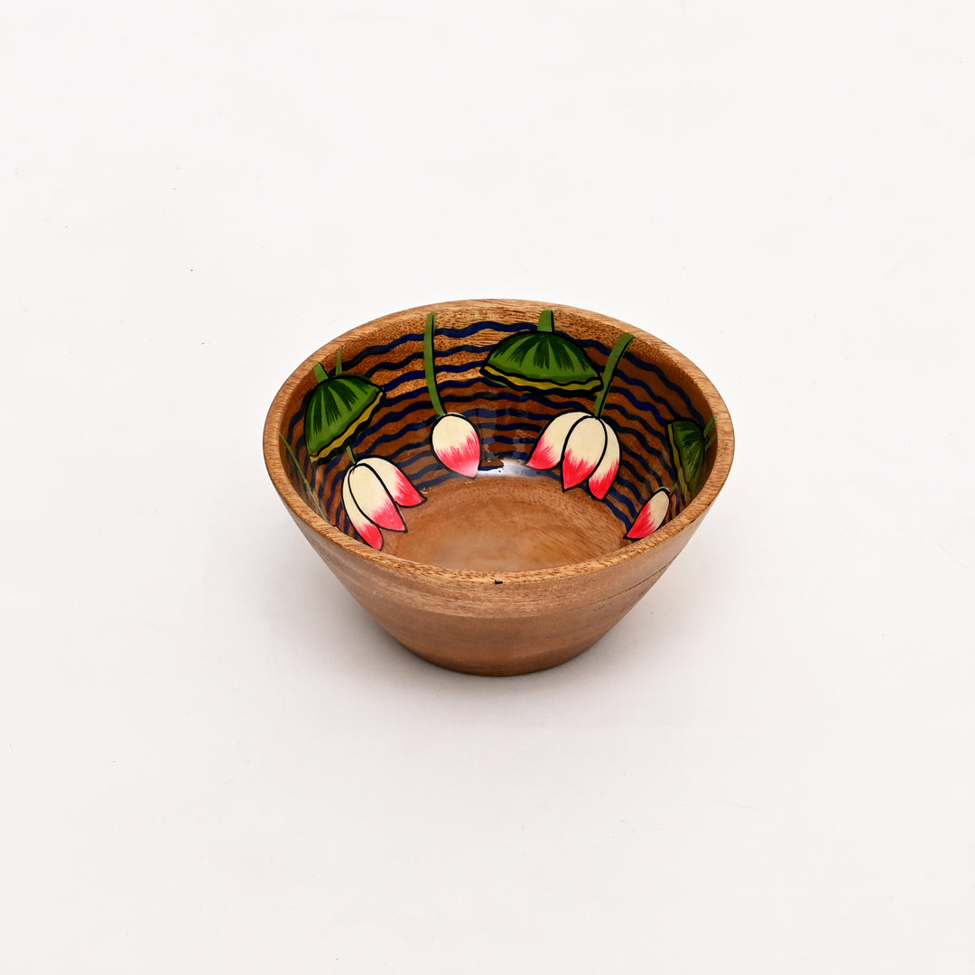 Hand-Painted Lotus Motif Wooden Bowl Small