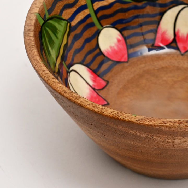 Hand-Painted Lotus Motif Wooden Bowl Small