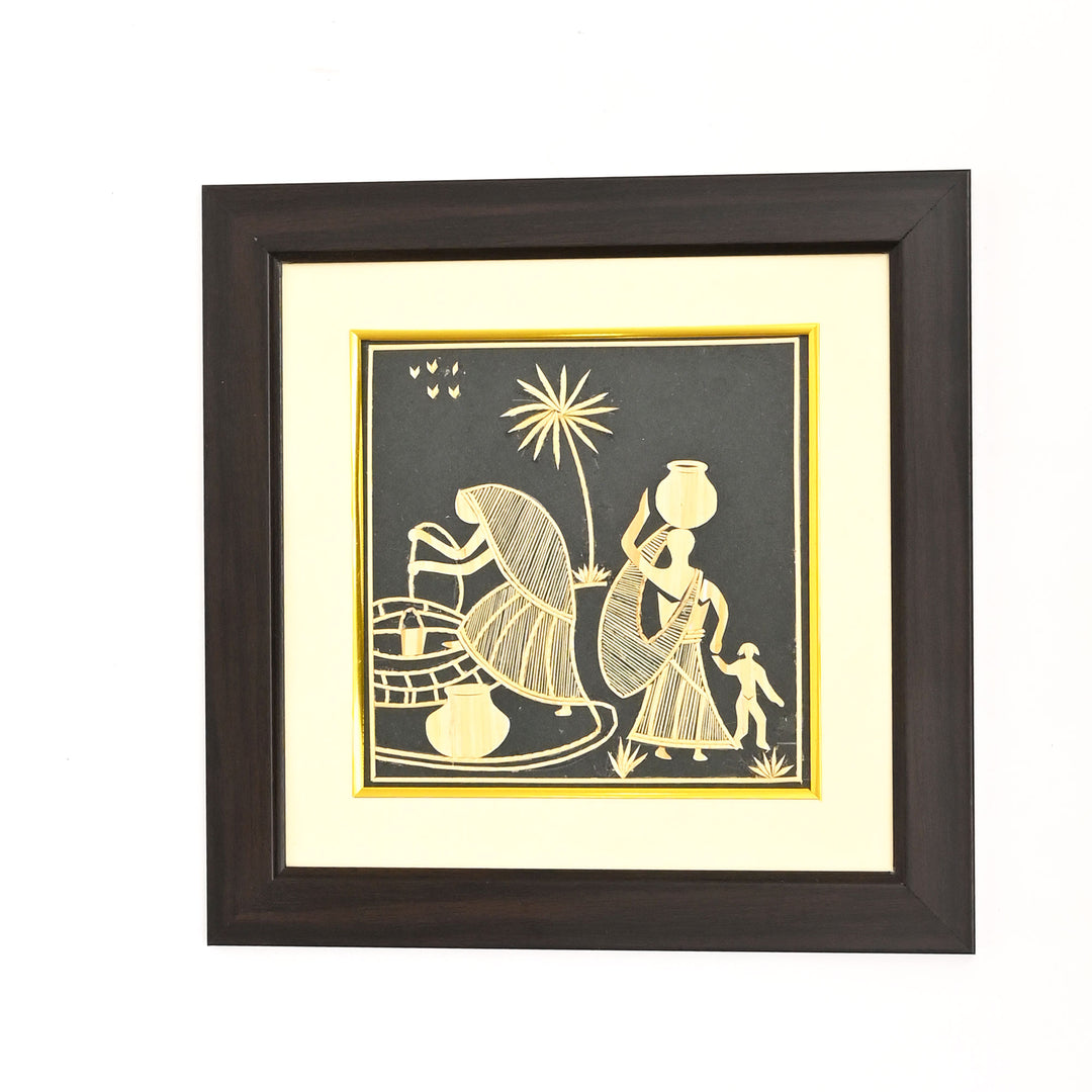 Handcrafted Sikki Grass Village Life Painting - Framed