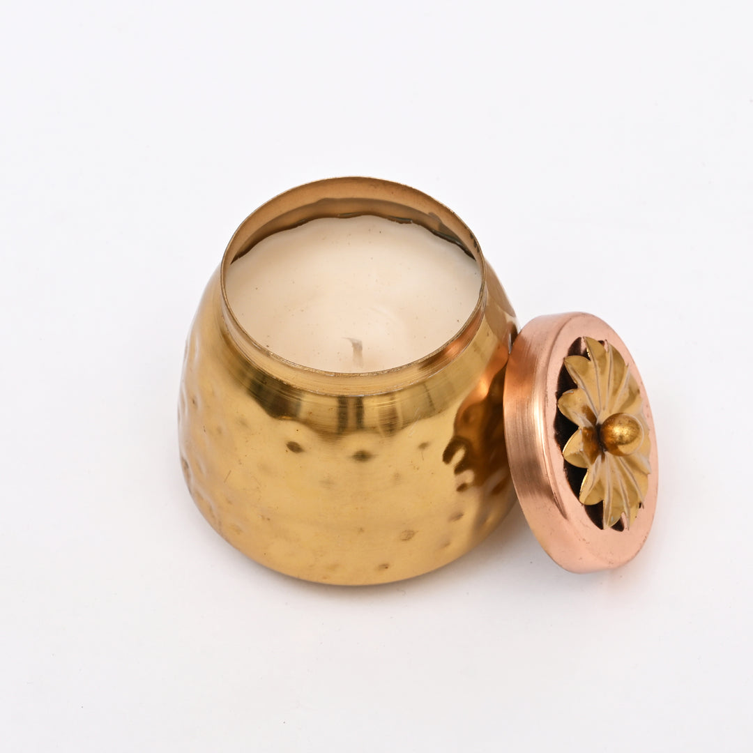 Luxury Hammered Brass Pot Candle with Floral Lid