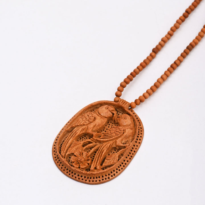 Handcrafted Wooden Two Parrots Pendant with Floral Carving