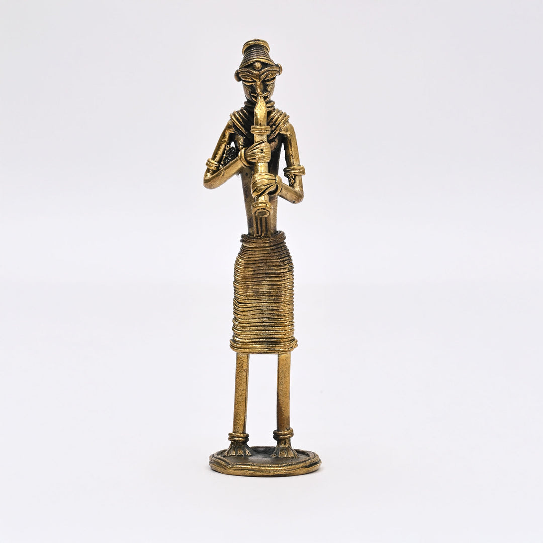 Tribal Woman Standing Musician – Turi, Kendra, Meridanga Figurine in Brass