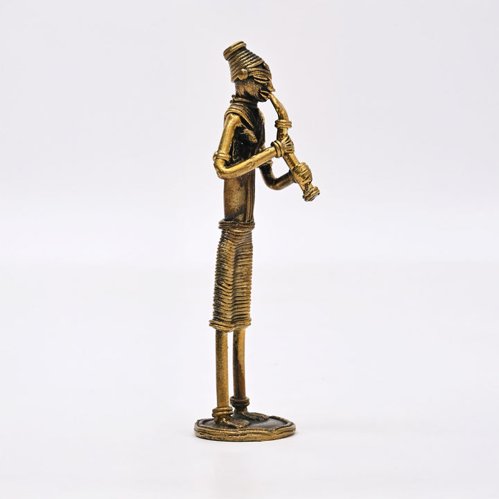 Tribal Woman Standing Musician – Turi, Kendra, Meridanga Figurine in Brass