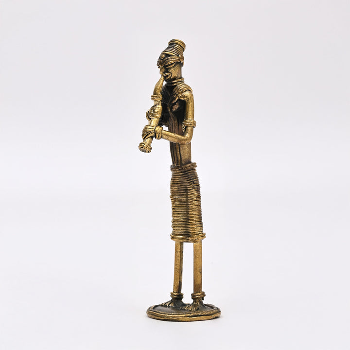 Tribal Woman Standing Musician – Turi, Kendra, Meridanga Figurine in Brass