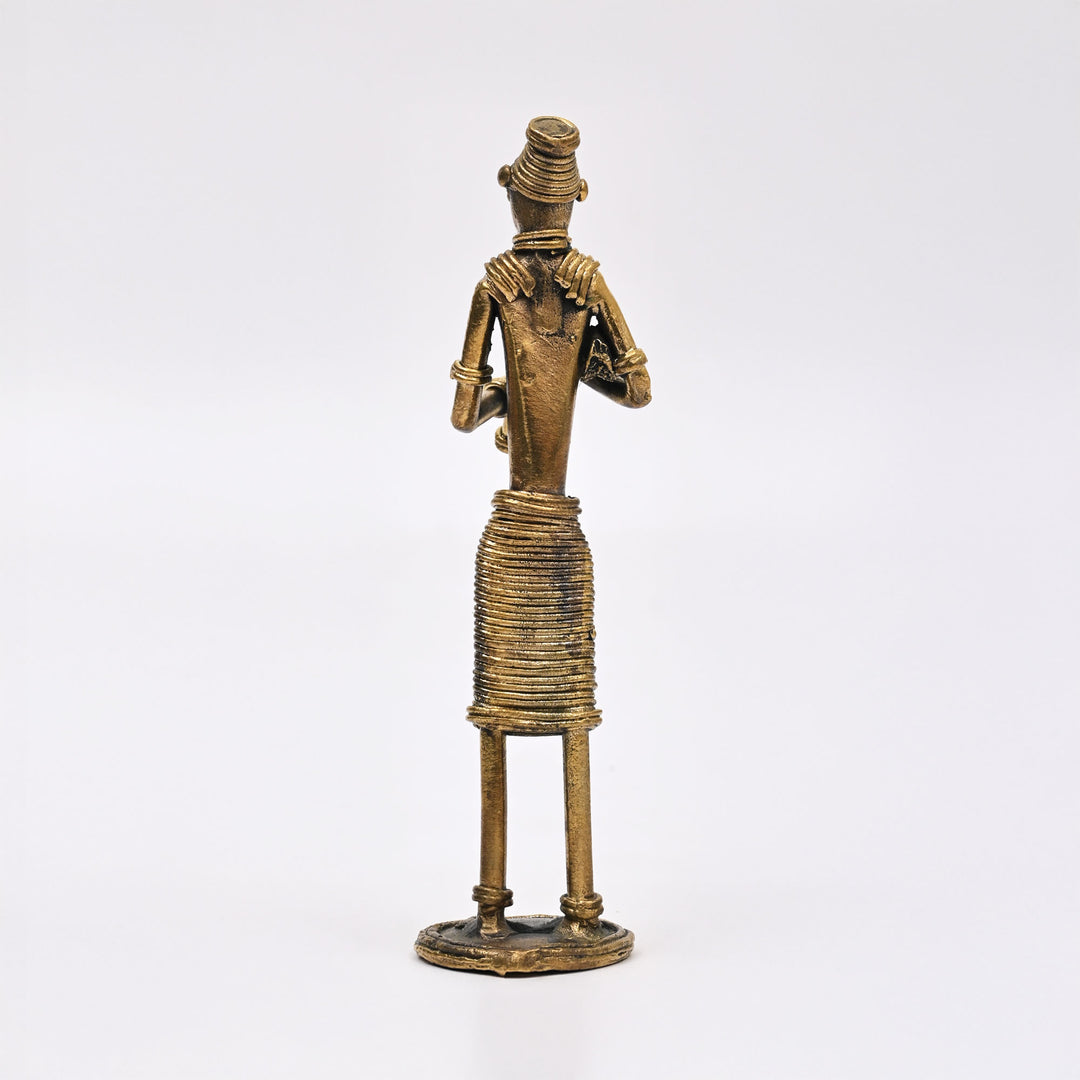 Tribal Woman Standing Musician – Turi, Kendra, Meridanga Figurine in Brass