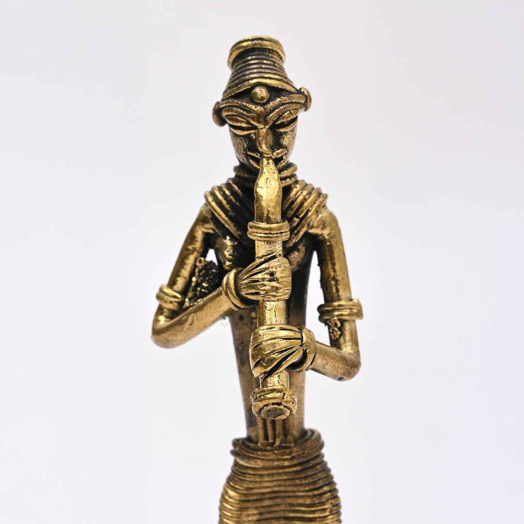 Tribal Woman Standing Musician – Turi, Kendra, Meridanga Figurine in Brass