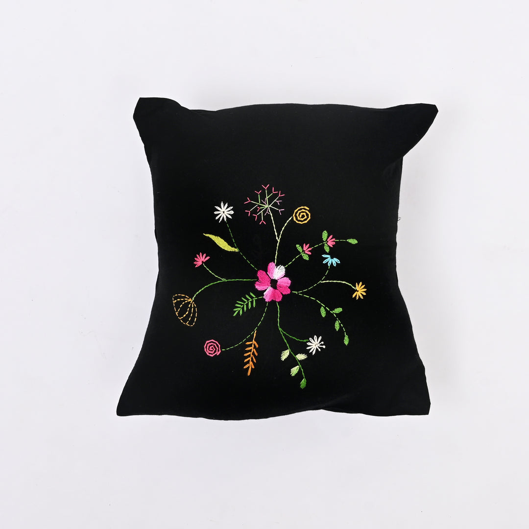 Black Cotton Pillow Cover - Multicolour Embroidery