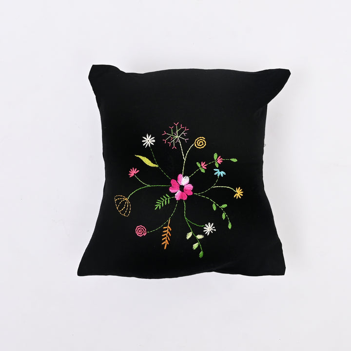 Black Cotton Pillow Cover - Multicolour Embroidery