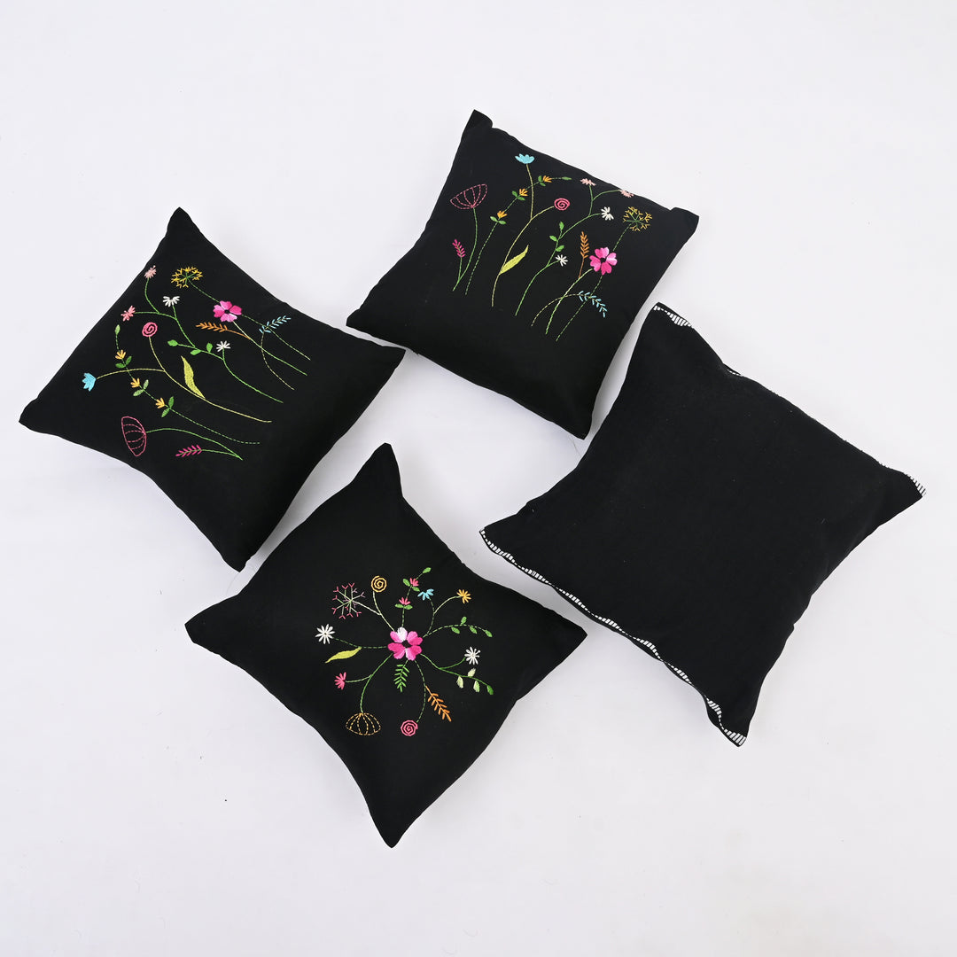 Black Cotton Pillow Cover - Multicolour Embroidery