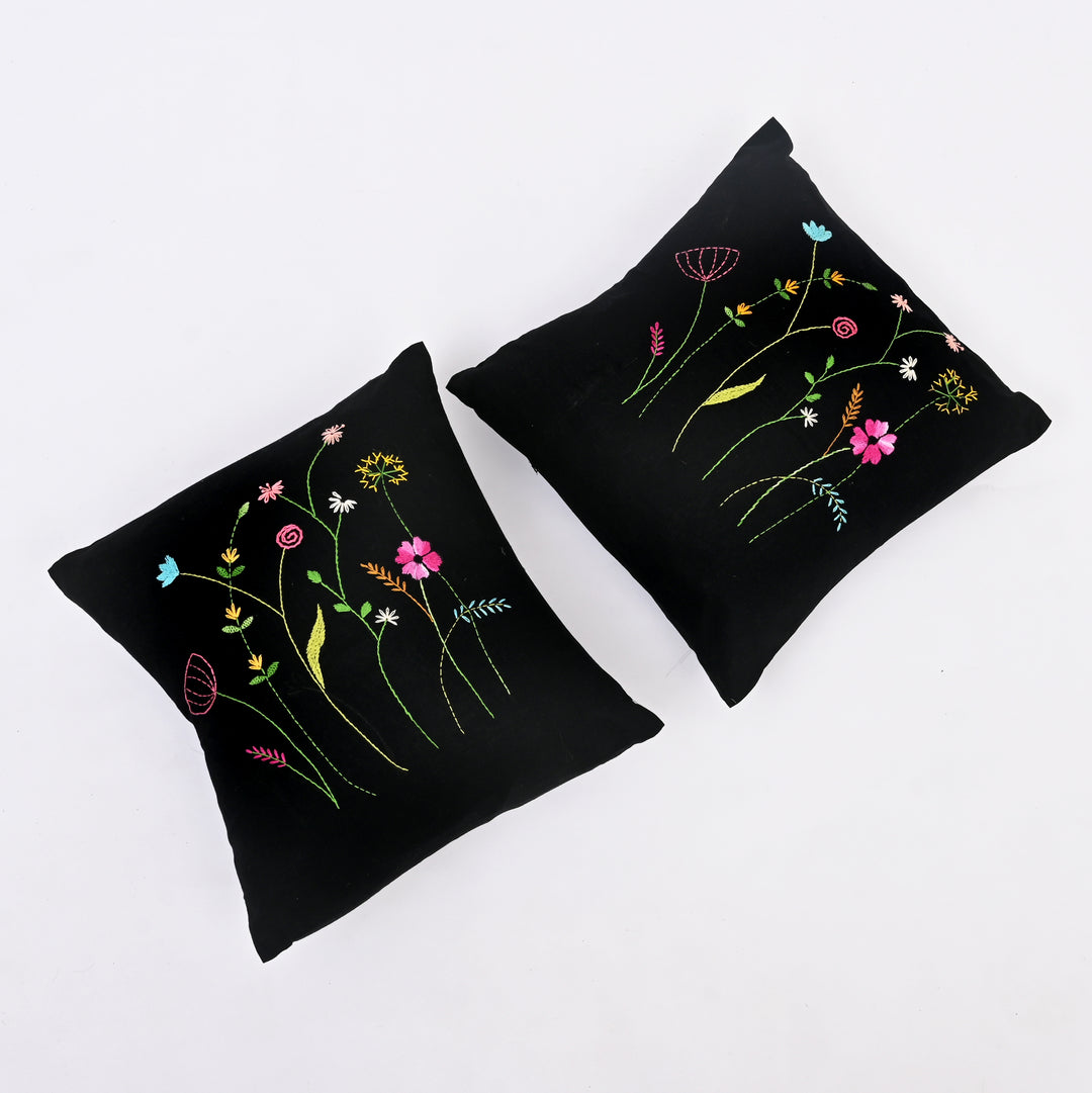 Black Cotton Pillow Cover - Multicolour Embroidery