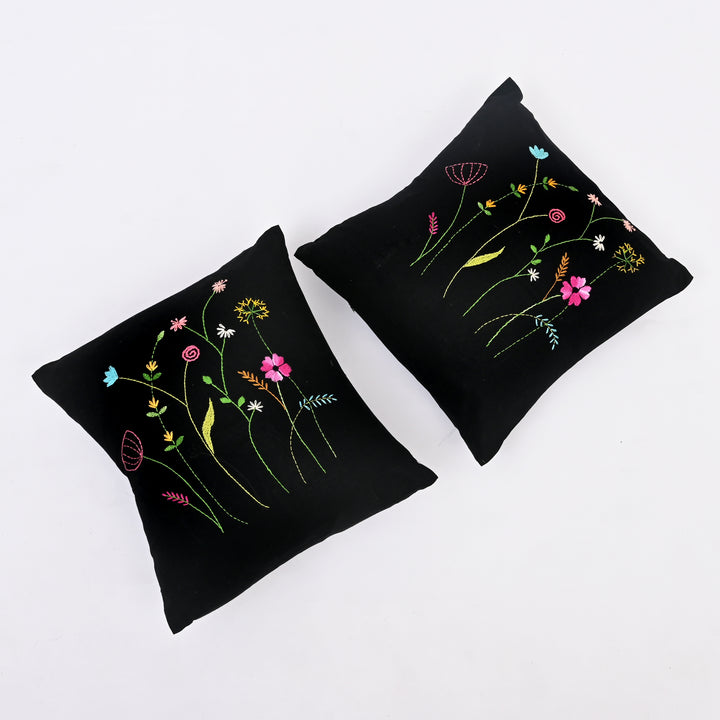 Black Cotton Pillow Cover - Multicolour Embroidery