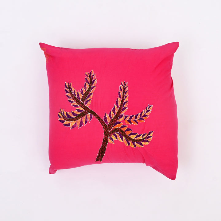 Pink & Multicolour Hand-Embroidered Cotton Cushion Cover