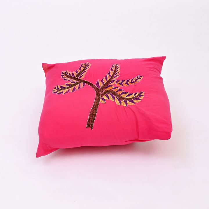 Pink & Multicolour Hand-Embroidered Cotton Cushion Cover