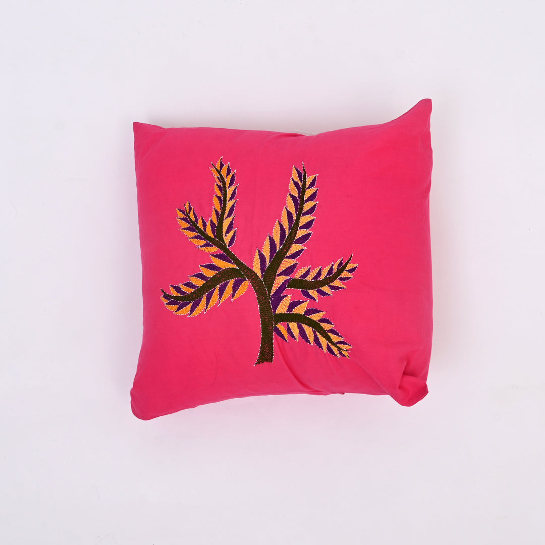 Pink & Multicolour Hand-Embroidered Cotton Cushion Cover