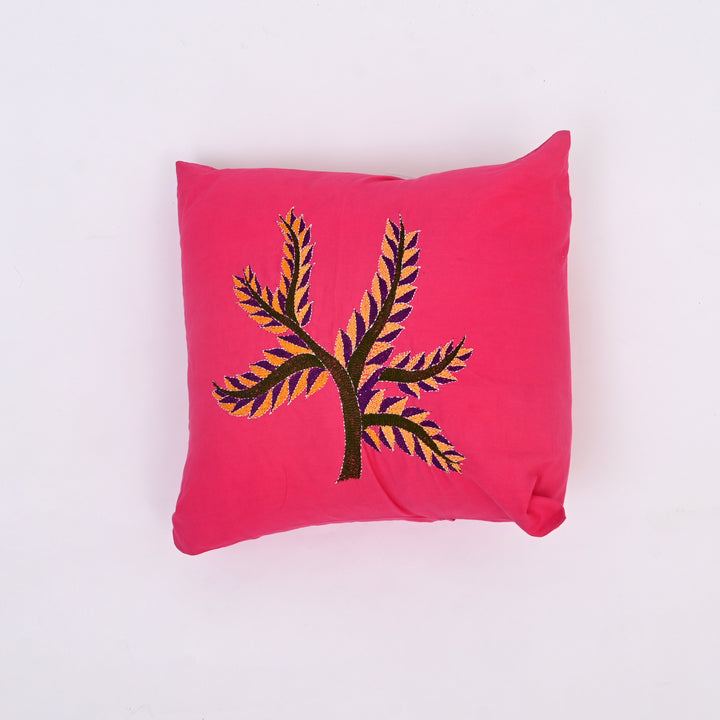 Pink & Multicolour Hand-Embroidered Cotton Cushion Cover