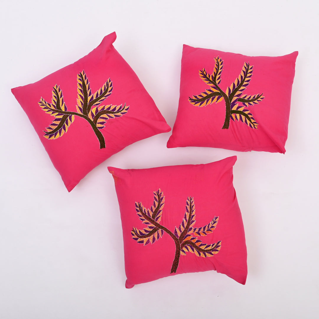 Pink & Multicolour Hand-Embroidered Cotton Cushion Cover
