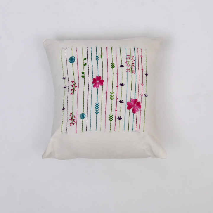 White Cotton Pillow Cover - Multicolour Embroidery