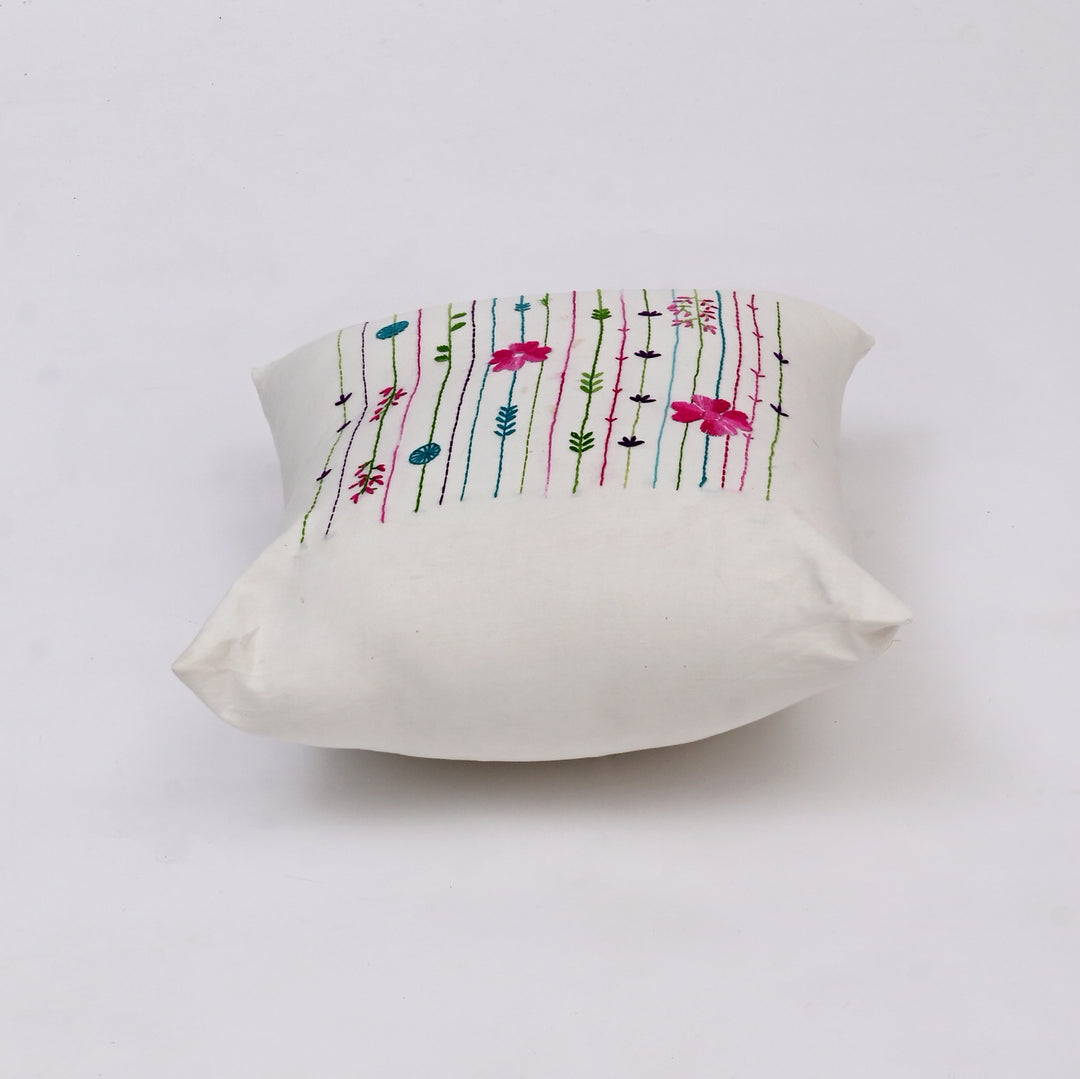 White Cotton Pillow Cover - Multicolour Embroidery