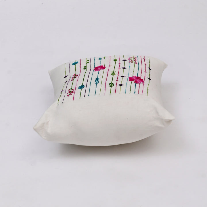 White Cotton Pillow Cover - Multicolour Embroidery