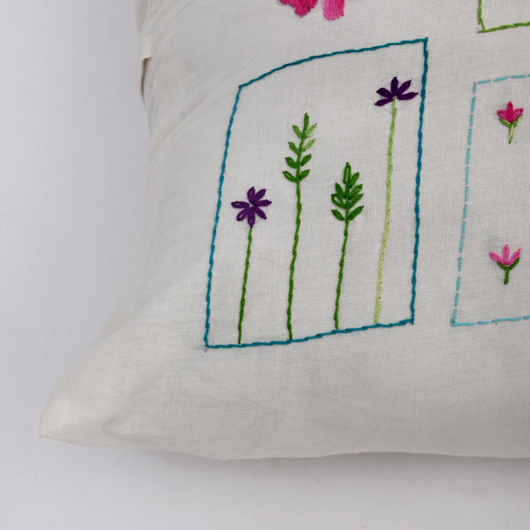 White Cotton Pillow Cover - Multicolour Embroidery