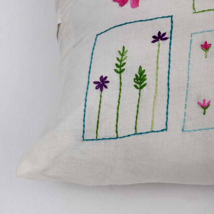 White Cotton Pillow Cover - Multicolour Embroidery