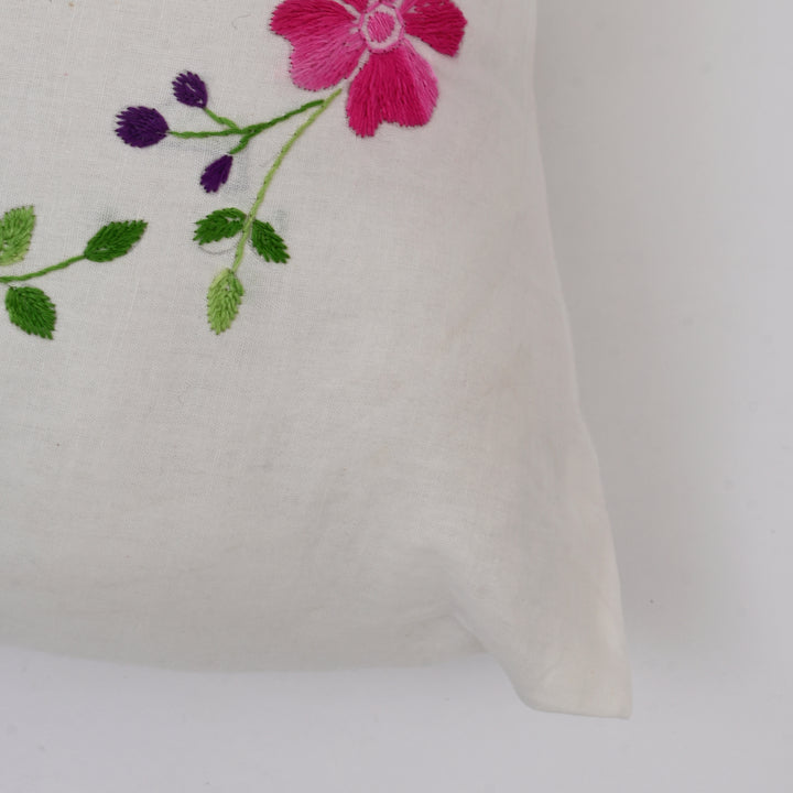 White Cotton Pillow Cover - Multicolour Embroidery