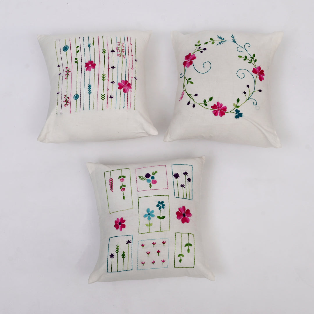 White Cotton Pillow Cover - Multicolour Embroidery