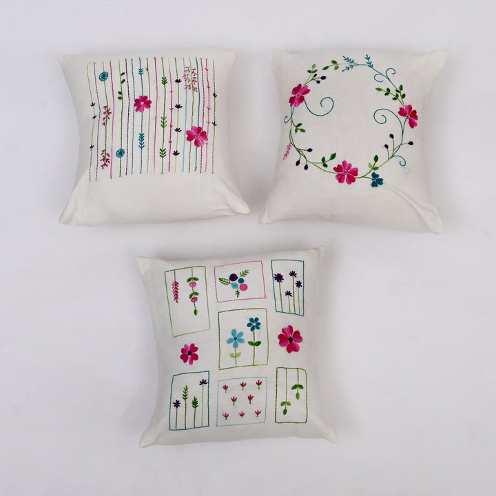 White Cotton Pillow Cover - Multicolour Embroidery