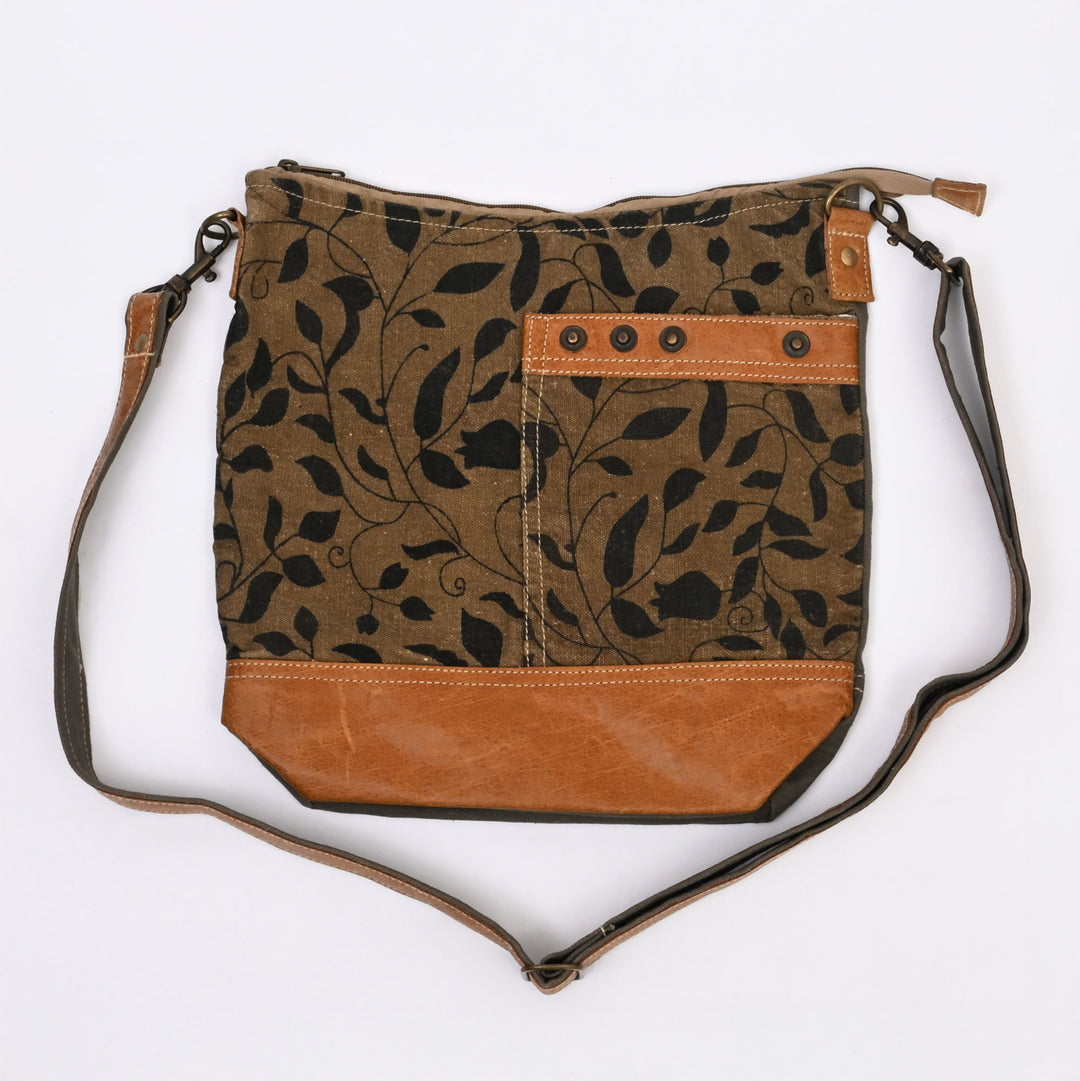 Canvas Leaf Print Sling Bag – Stylish Daily Wear with Tan Leather Straps