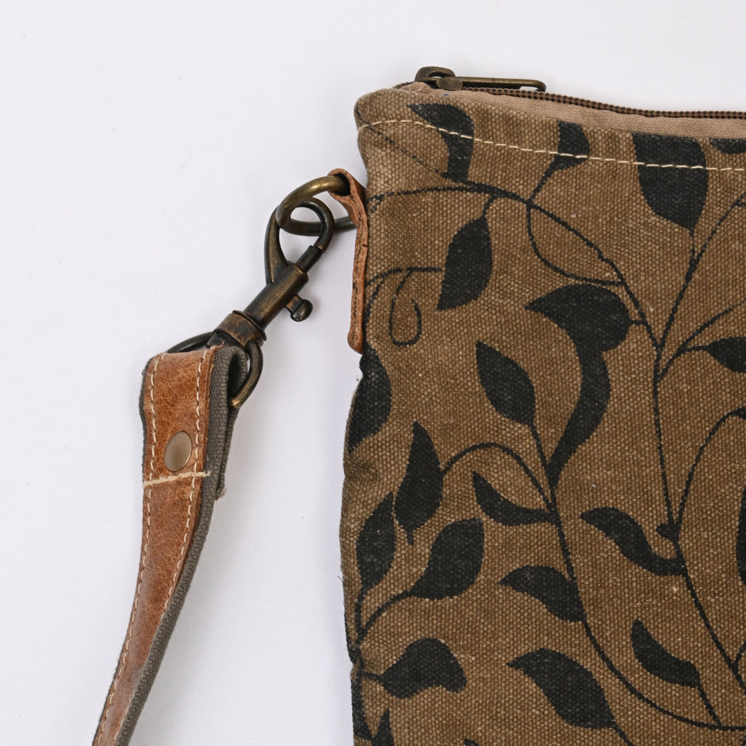 Canvas Leaf Print Sling Bag – Stylish Daily Wear with Tan Leather Straps