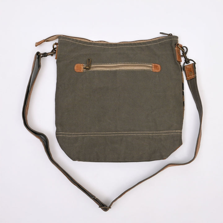 Canvas Leaf Print Sling Bag – Stylish Daily Wear with Tan Leather Straps