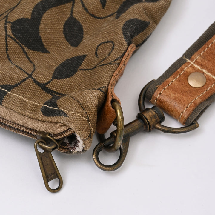 Canvas Leaf Print Sling Bag – Stylish Daily Wear with Tan Leather Straps