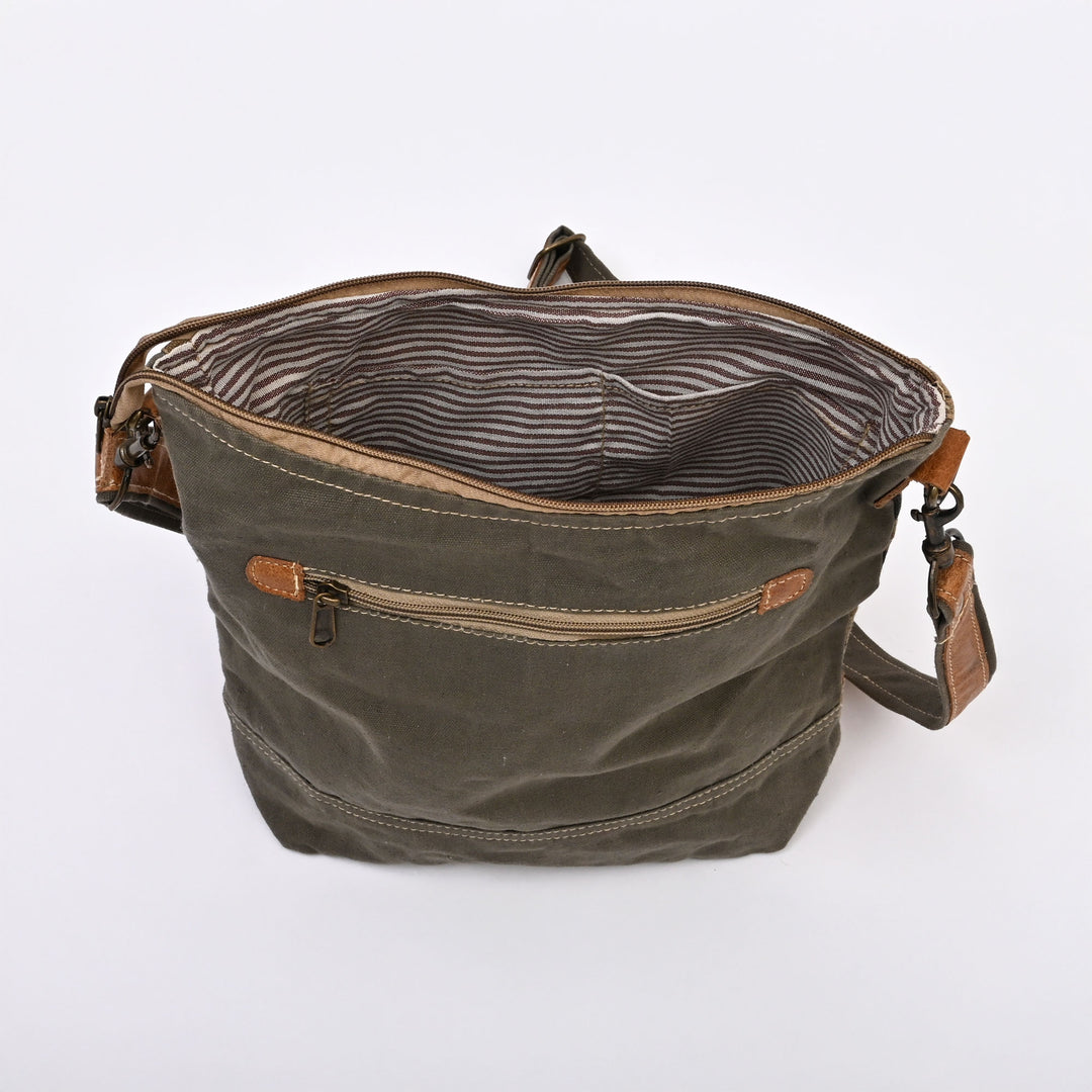Canvas Leaf Print Sling Bag – Stylish Daily Wear with Tan Leather Straps