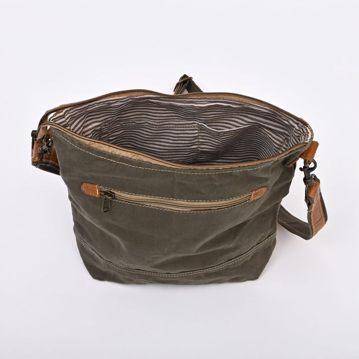 Canvas Leaf Print Sling Bag – Stylish Daily Wear with Tan Leather Straps