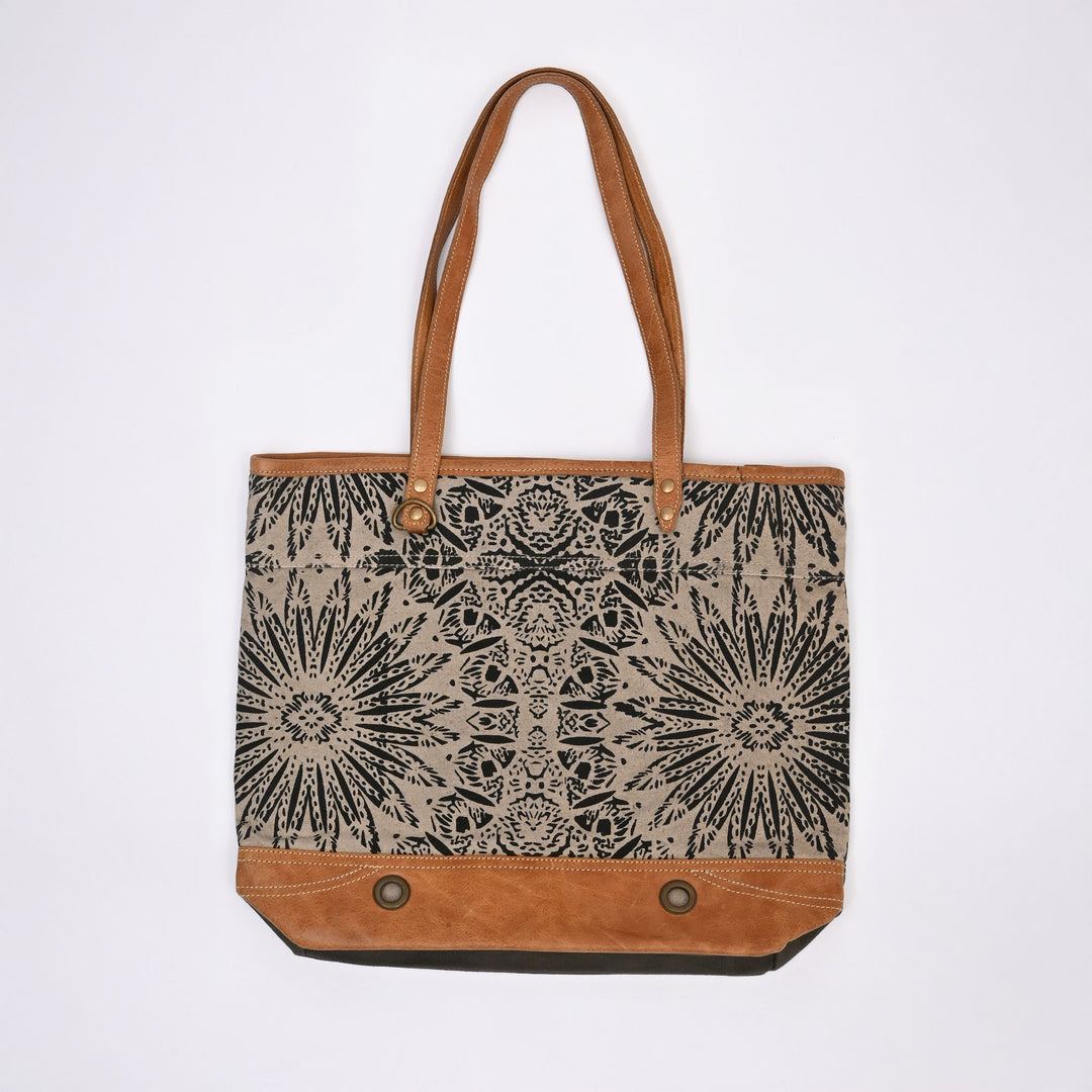 Boho Canvas Tote Bag – Olive Green Leaf Print with Tan Leather Handles