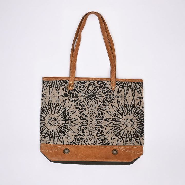 Boho Canvas Tote Bag – Olive Green Leaf Print with Tan Leather Handles