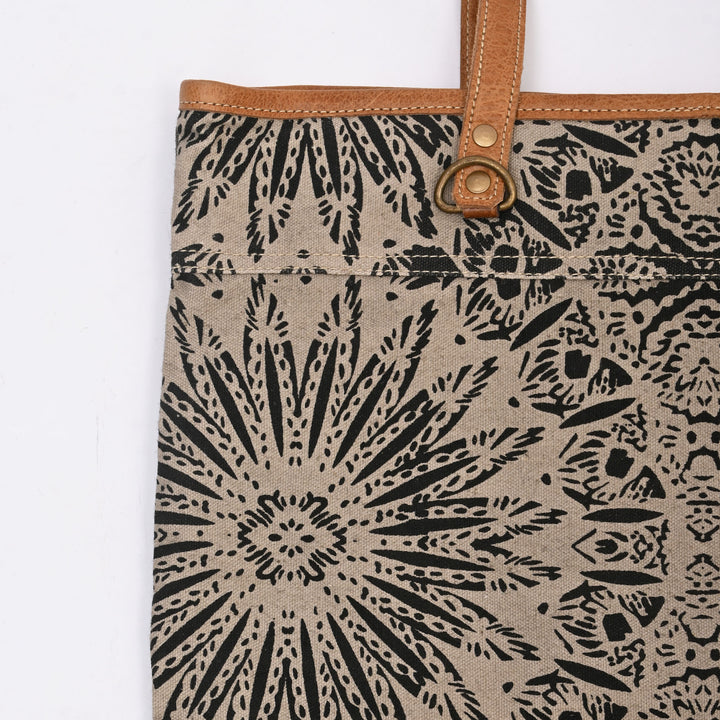 Boho Canvas Tote Bag – Olive Green Leaf Print with Tan Leather Handles