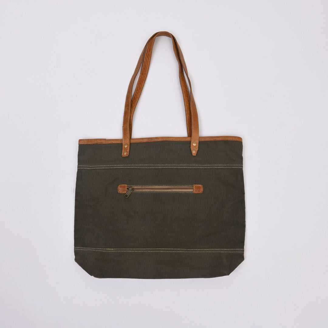 Boho Canvas Tote Bag – Olive Green Leaf Print with Tan Leather Handles