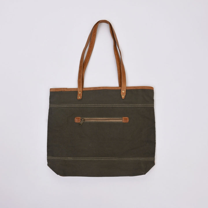 Boho Canvas Tote Bag – Olive Green Leaf Print with Tan Leather Handles