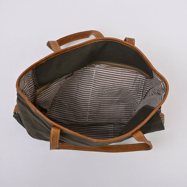 Boho Canvas Tote Bag – Olive Green Leaf Print with Tan Leather Handles