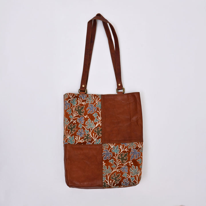 Handcrafted Goat Leather & Embroidered Fabric Tote