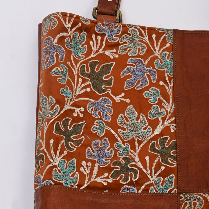 Handcrafted Goat Leather & Embroidered Fabric Tote