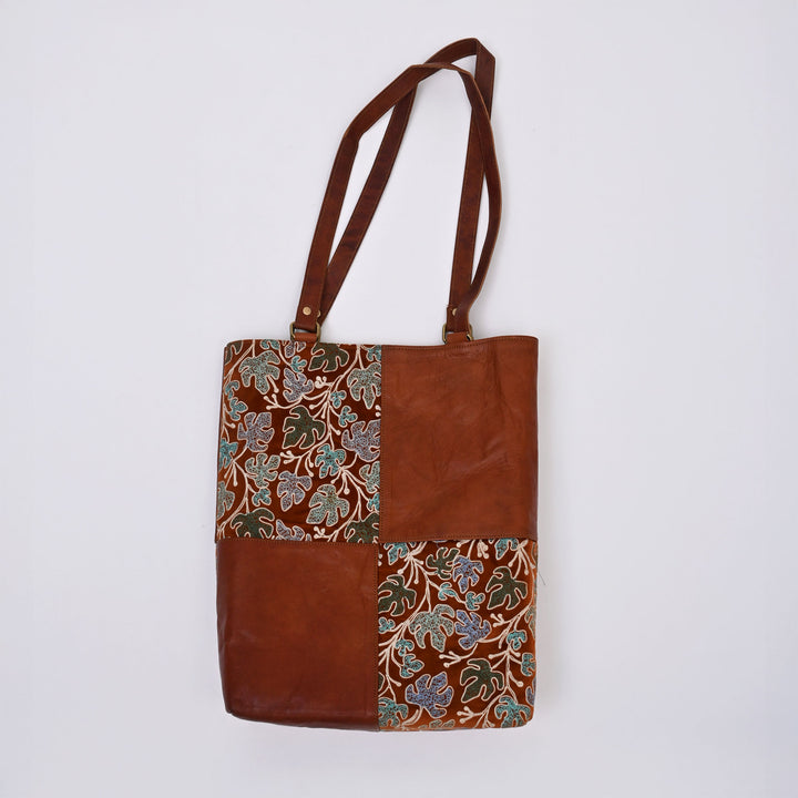 Handcrafted Goat Leather & Embroidered Fabric Tote